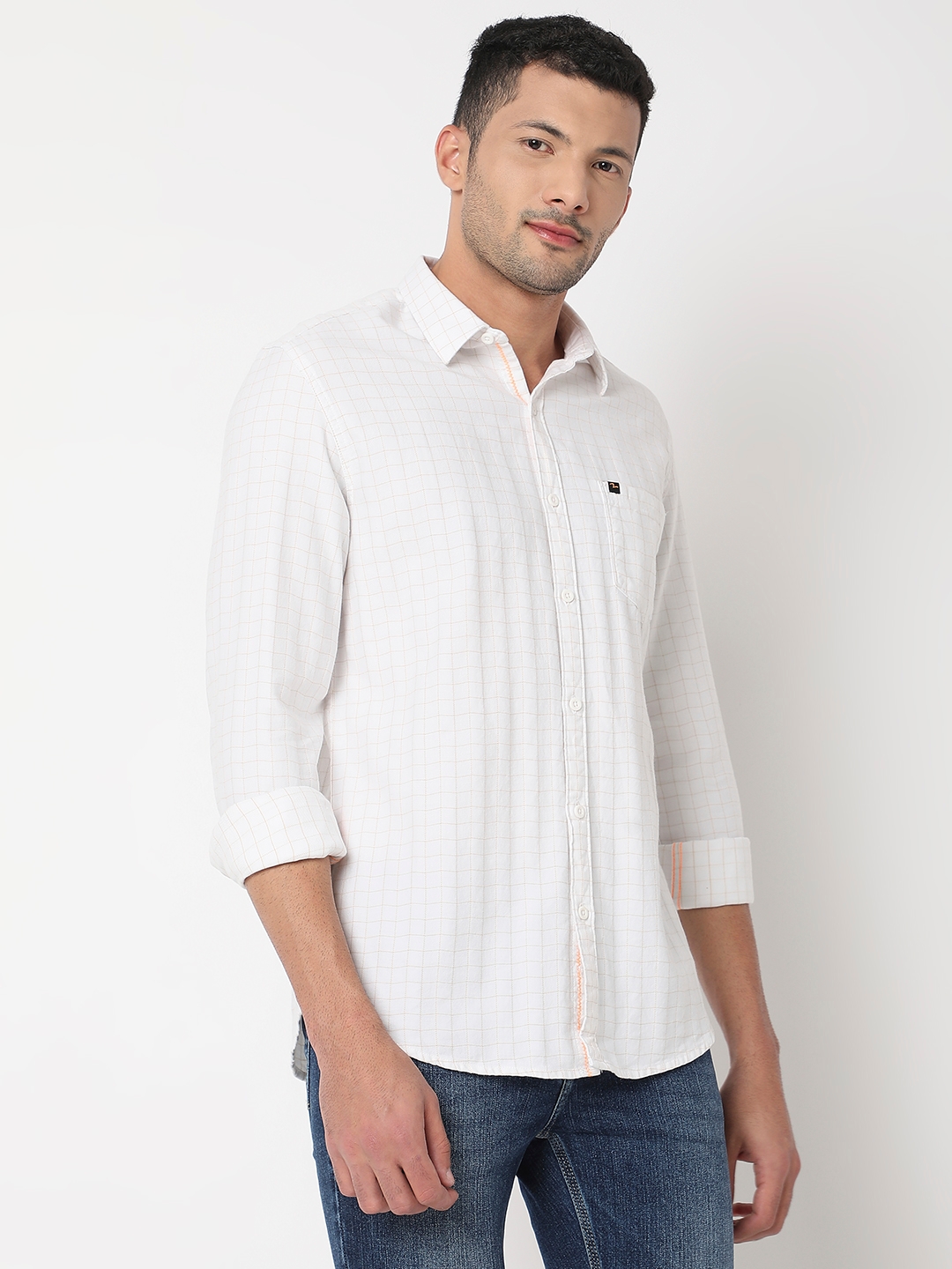 spykar | Spykar Men White & Khaki Cotton Slim Fit Checkered Shirt 2