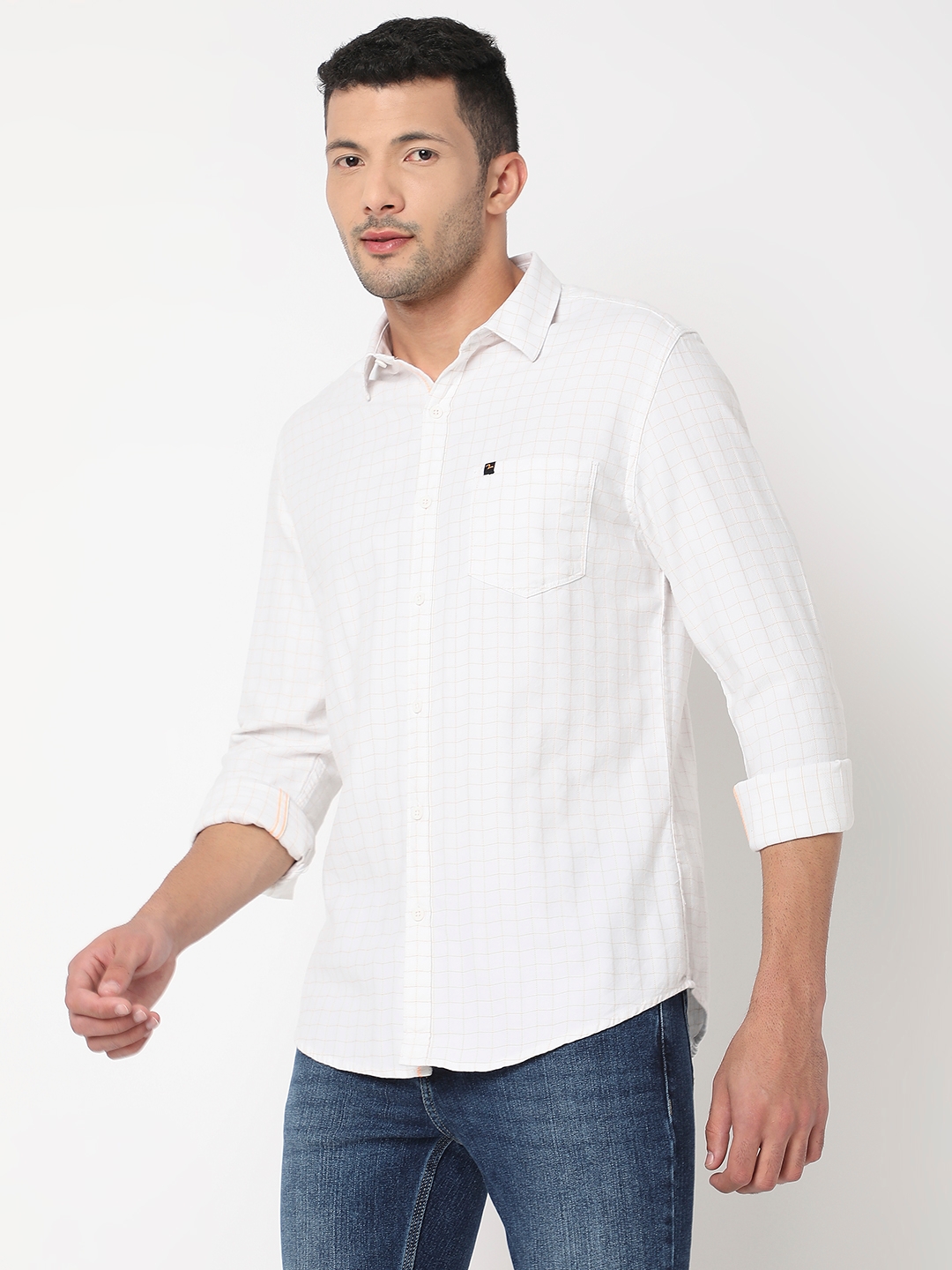 spykar | Spykar Men White & Khaki Cotton Slim Fit Checkered Shirt 1