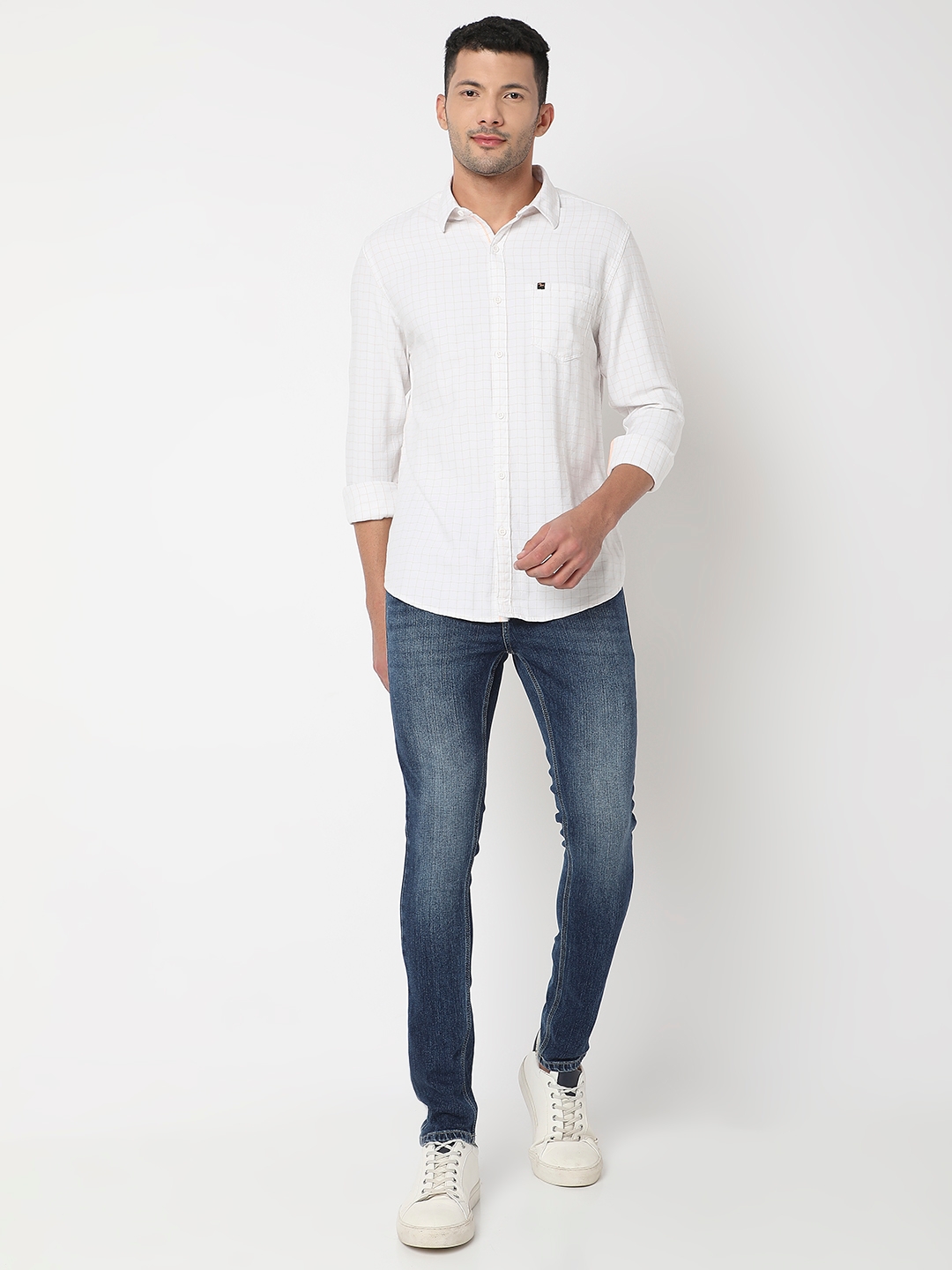 spykar | Spykar Men White & Khaki Cotton Slim Fit Checkered Shirt 5