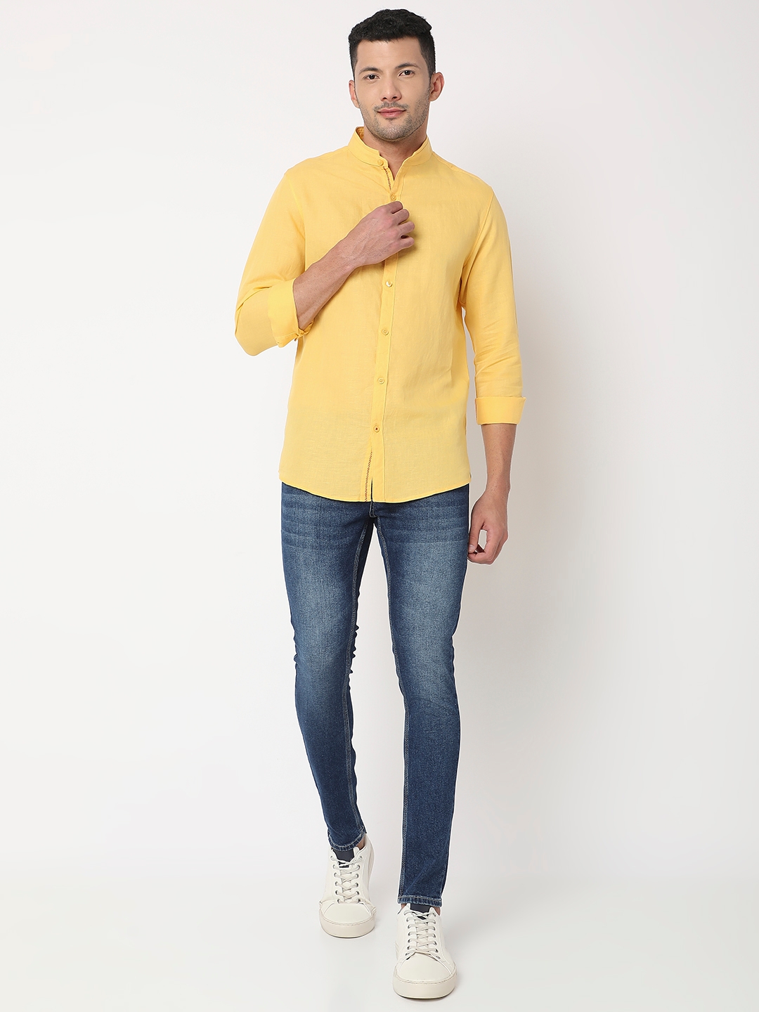 spykar | Spykar Men Lemon Yellow Cotton Slim Fit Plain Shirt 5