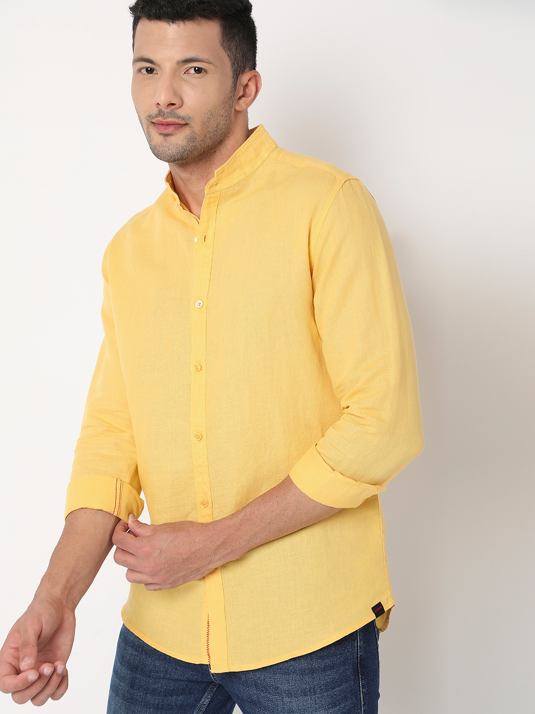 spykar | Spykar Men Lemon Yellow Cotton Slim Fit Plain Shirt 6