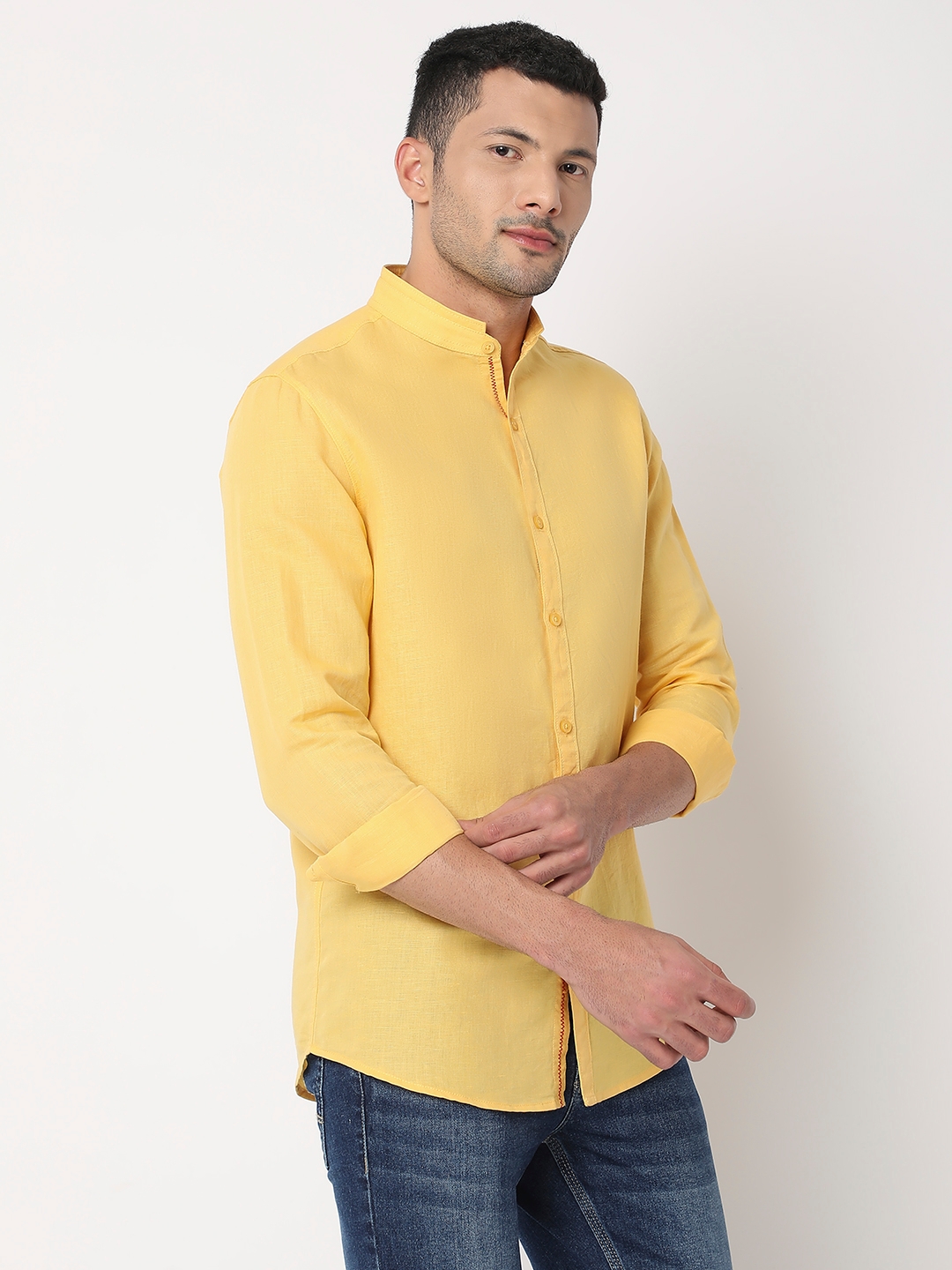 spykar | Spykar Men Lemon Yellow Cotton Slim Fit Plain Shirt 2