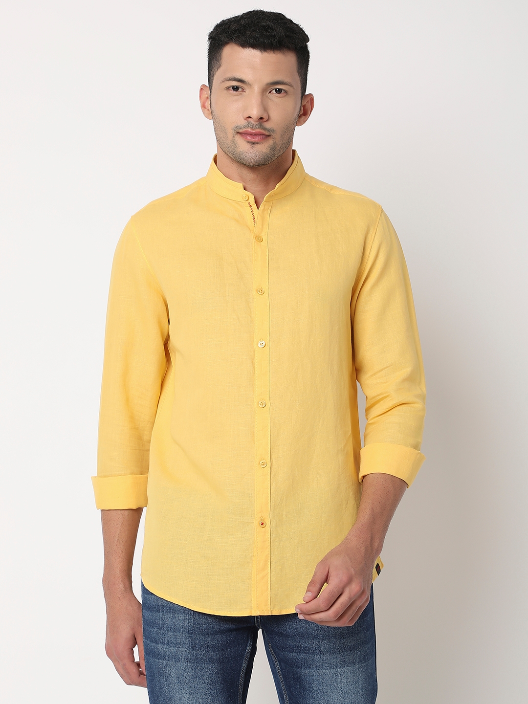spykar | Spykar Men Lemon Yellow Cotton Slim Fit Plain Shirt 0
