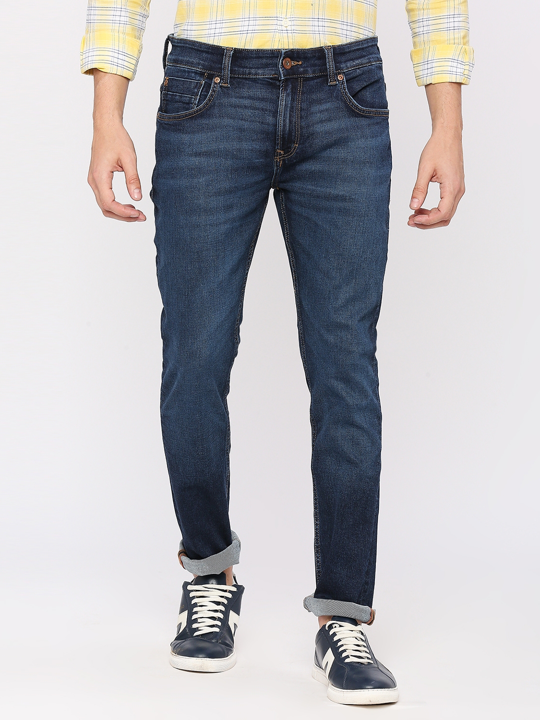 spykar | Spykar Men Mid Blue Cotton Regular Fit Narrow Length Clean Look Mid Rise Jeans (Rover) 0