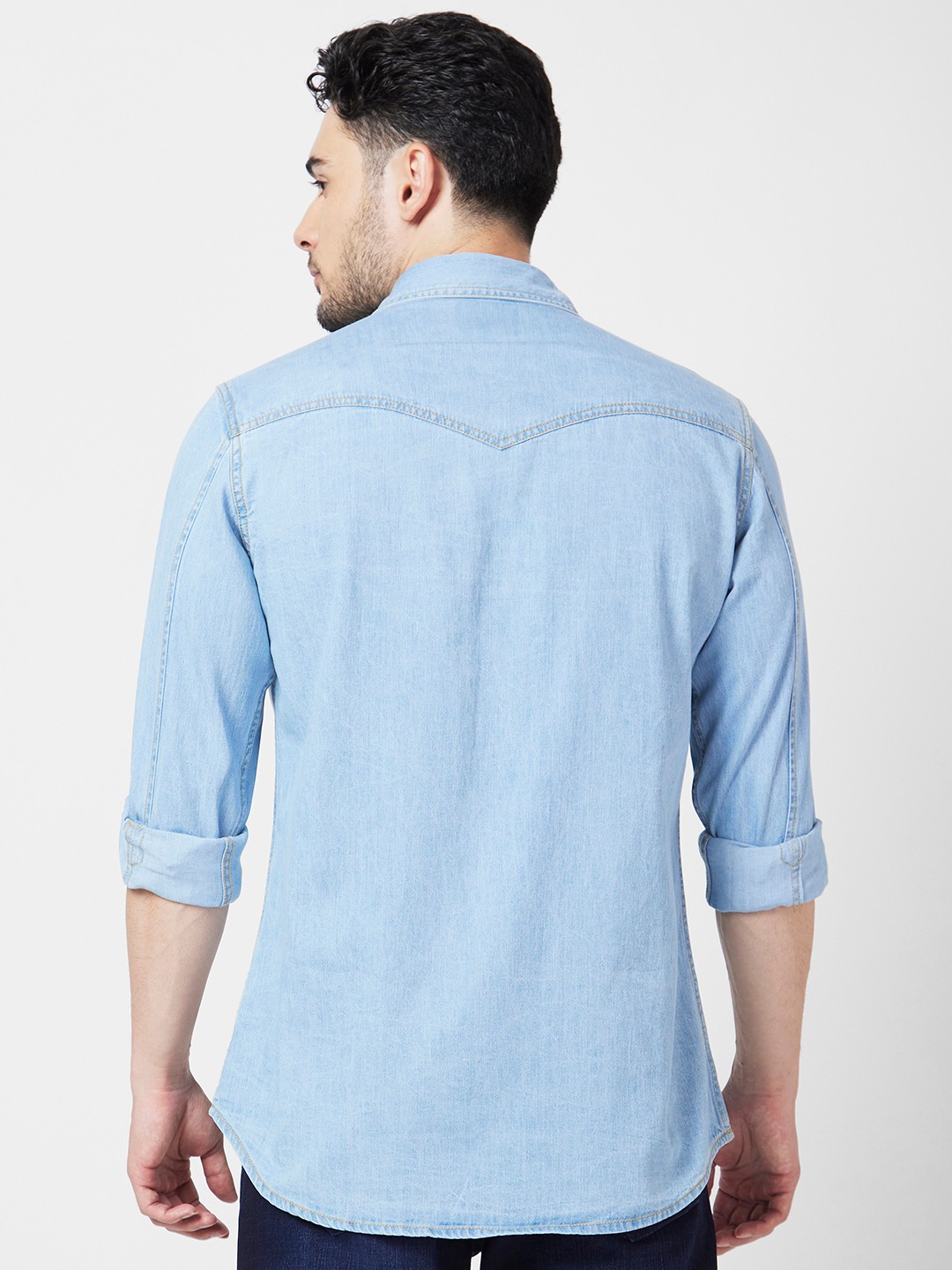 Spykar Men Light Blue Cotton Regular Slim Fit Full Sleeve Denim Shirt