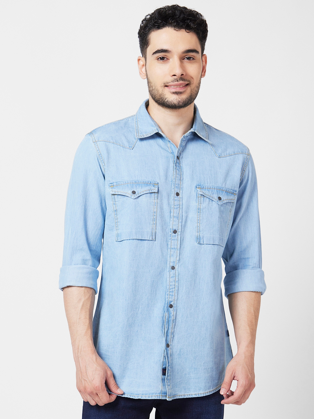 Men Light Blue Wash Longline Short Sleeve Slim Fit Denim Shirt - JMOJO