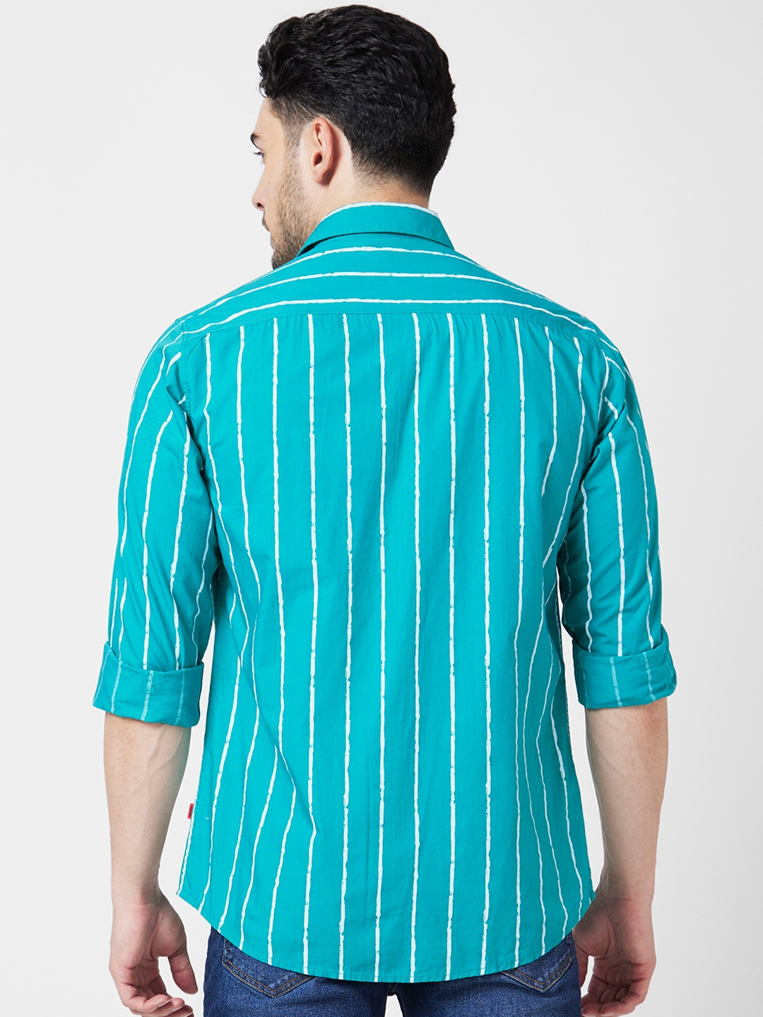 Spykar | Spykar Men Teal Green Poplin Regular Slim Fit Full Sleeve Striped Shirt 7