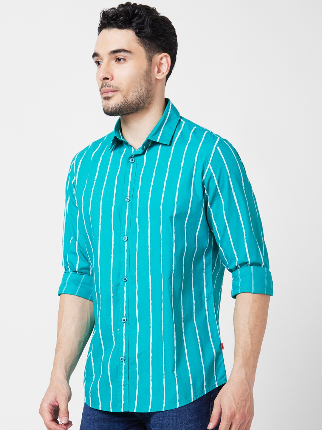 Spykar | Spykar Men Teal Green Poplin Regular Slim Fit Full Sleeve Striped Shirt 8