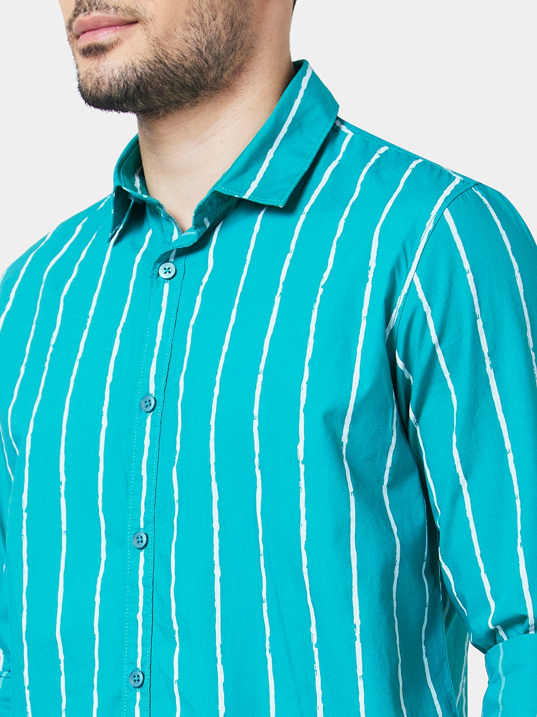Spykar | Spykar Men Teal Green Poplin Regular Slim Fit Full Sleeve Striped Shirt 9