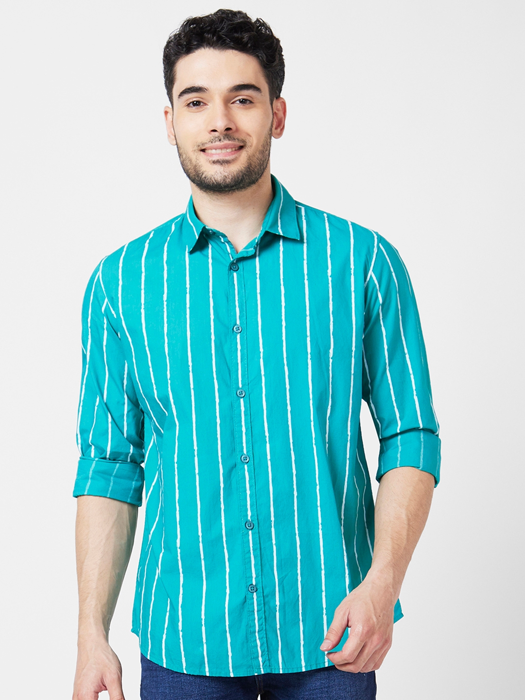 Spykar | Spykar Men Teal Green Poplin Regular Slim Fit Full Sleeve Striped Shirt 5