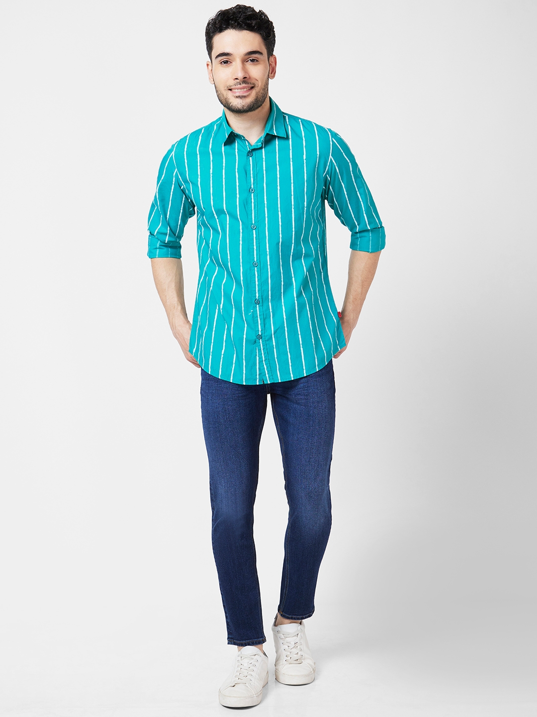 Spykar | Spykar Men Teal Green Poplin Regular Slim Fit Full Sleeve Striped Shirt 1