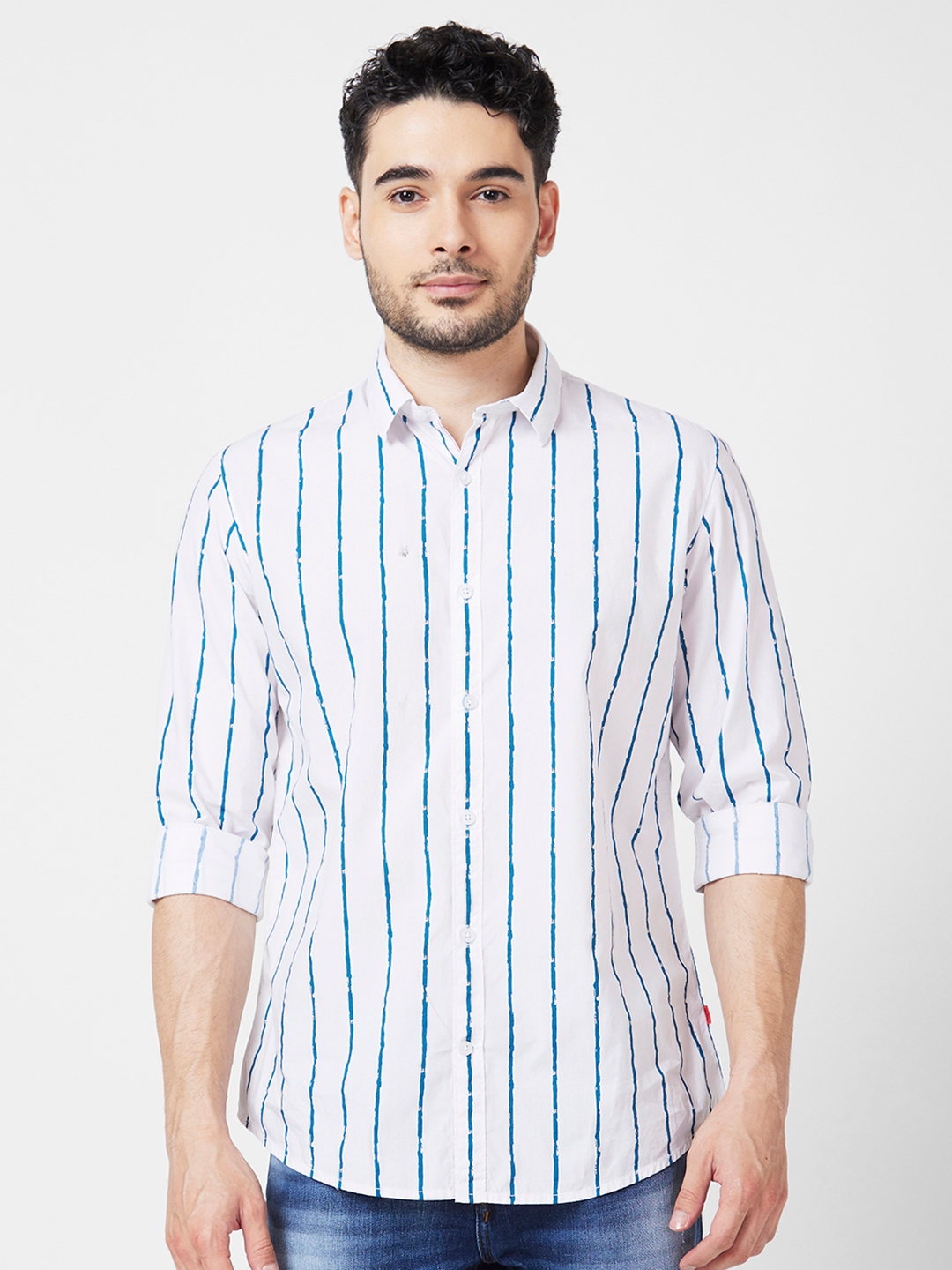 spykar | Spykar Men White Poplin Regular Slim Fit Full Sleeve Striped Shirt 0