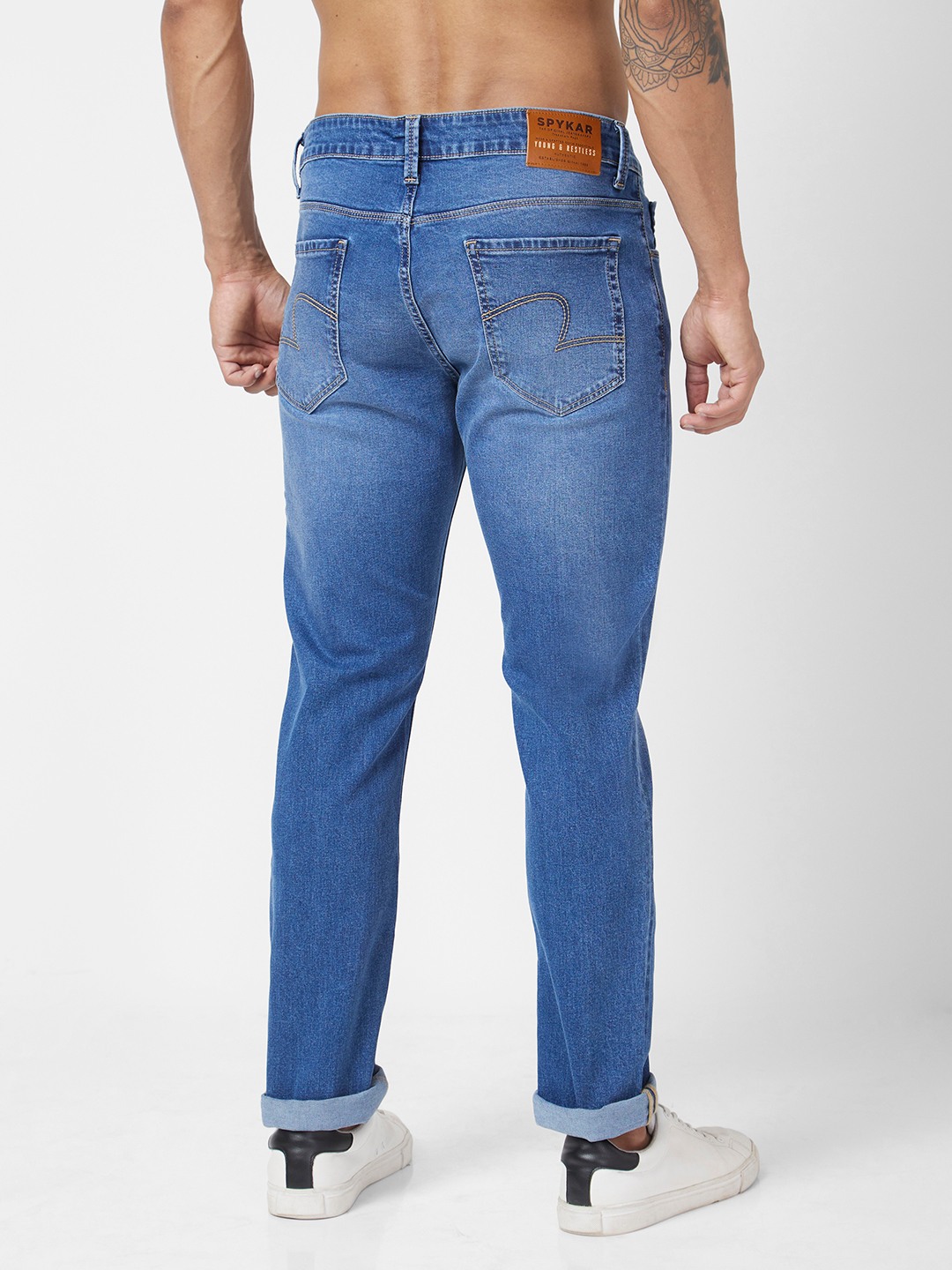 Spykar Men Mid Blue Cotton Stretch Regular Fit Narrow Length Clean Look Mid Rise Jeans (Rover)