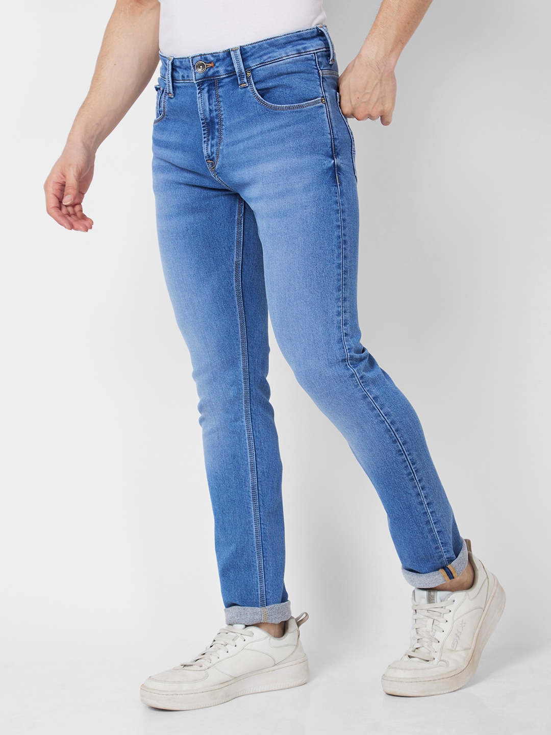 spykar | Spykar Men Light Blue Cotton Stretch Regular Fit Narrow Length Clean Look Mid Rise Jeans (Rover) 3