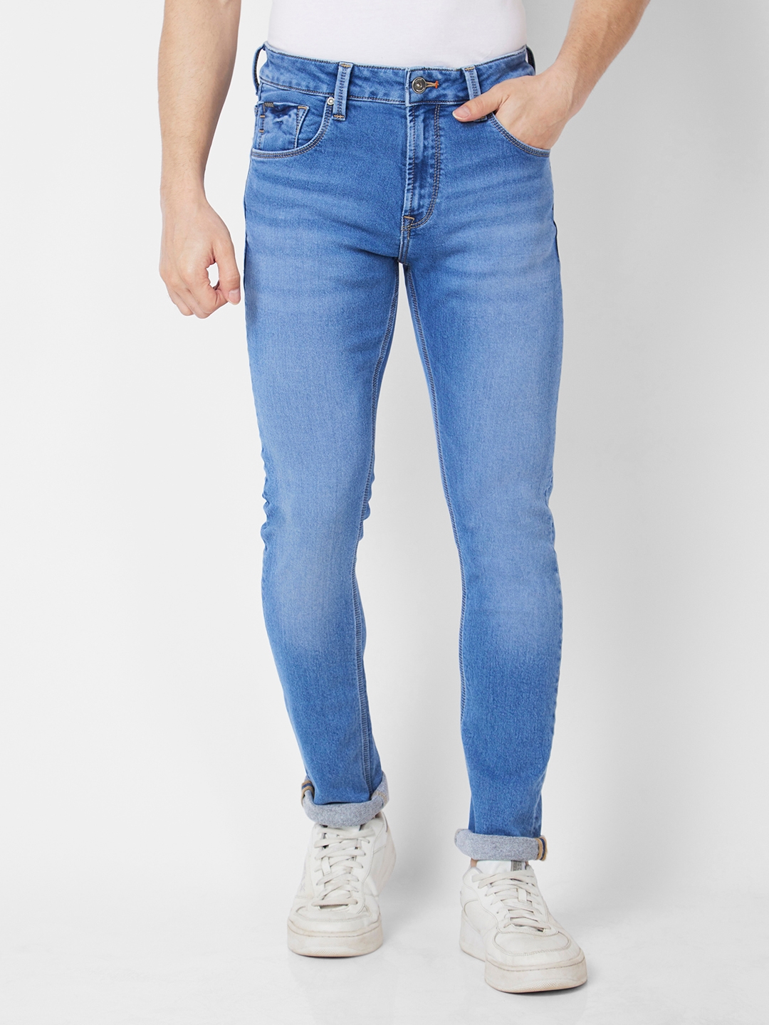spykar | Spykar Men Light Blue Cotton Stretch Regular Fit Narrow Length Clean Look Mid Rise Jeans (Rover) 0