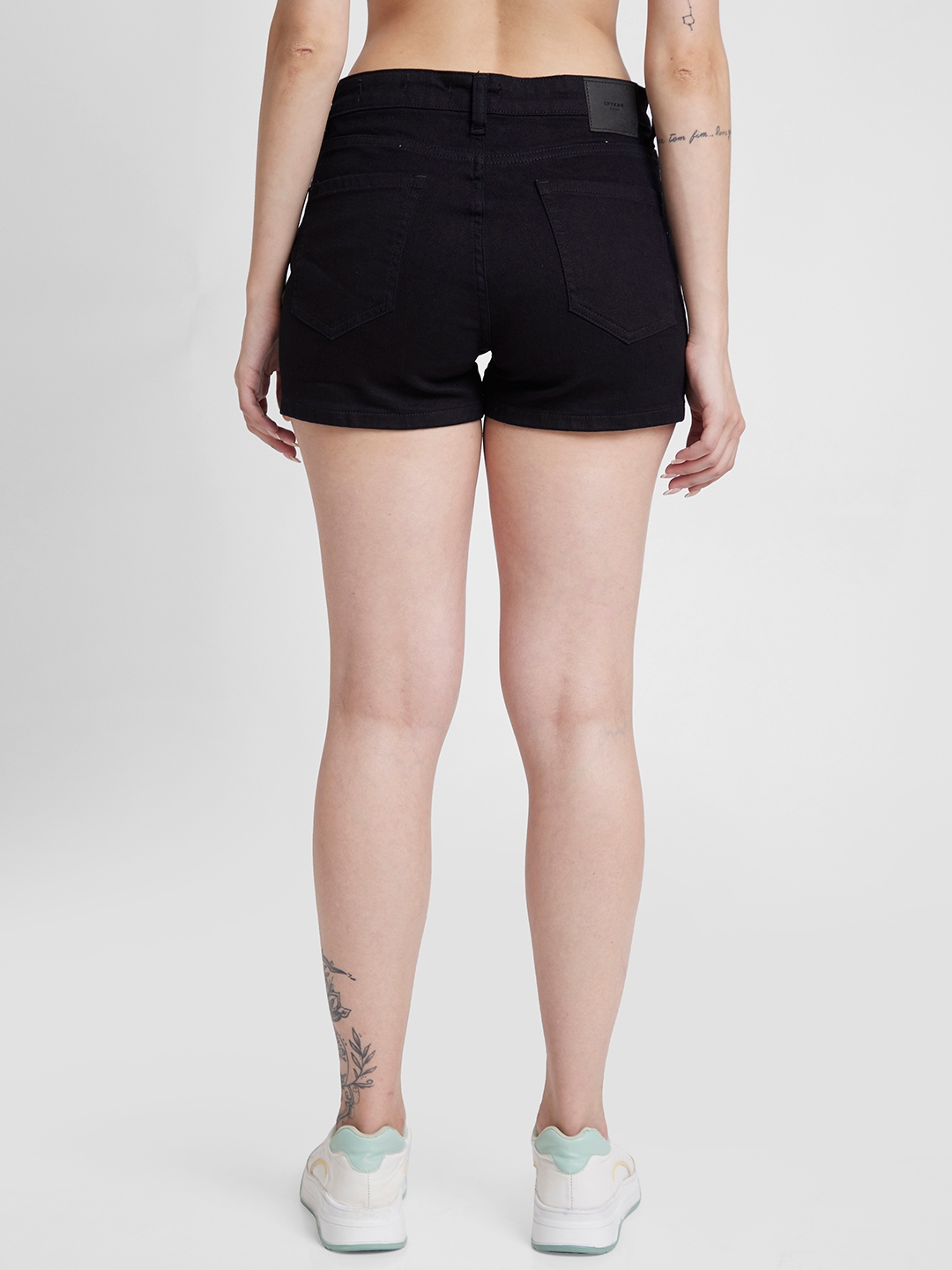 Spykar | Spykar Women Black Cotton Slim Fit Above Knee Length Denim Shorts 2