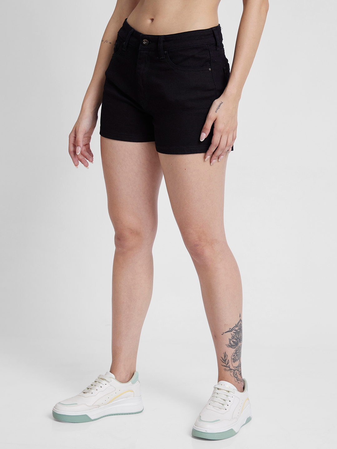 Spykar | Spykar Women Black Cotton Slim Fit Above Knee Length Denim Shorts 3