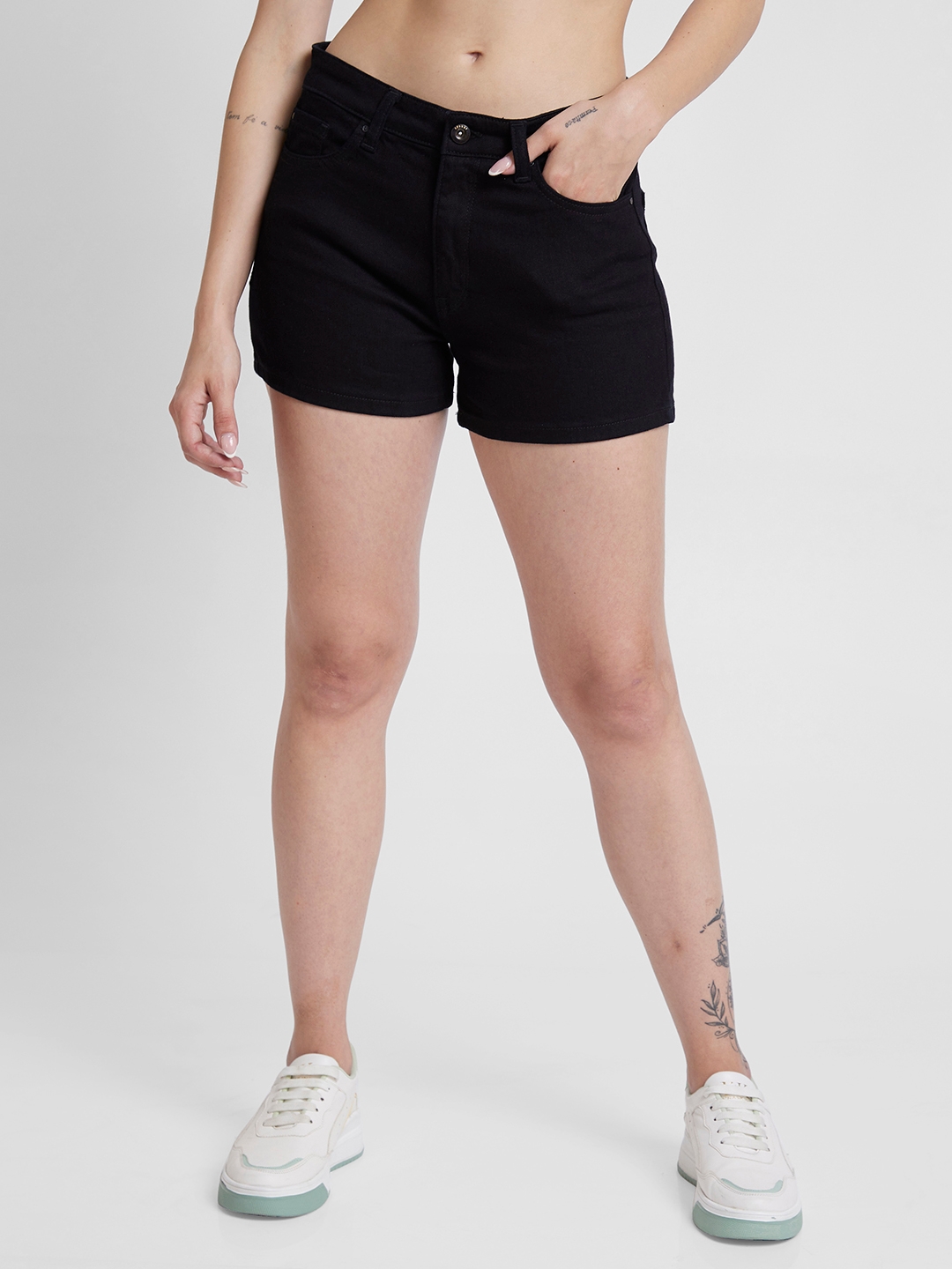 Spykar | Spykar Women Black Cotton Slim Fit Above Knee Length Denim Shorts 0