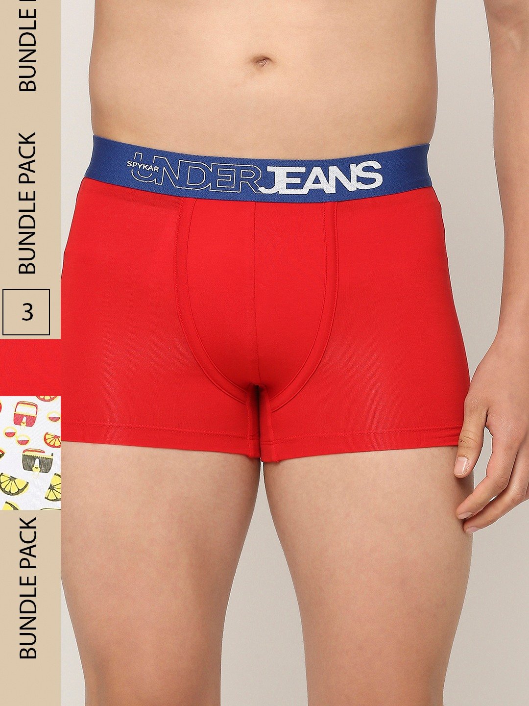 Underjeans by Spykar Premium Red Olive & Navy Cotton Blend Printed Trunk - Pack Of 3