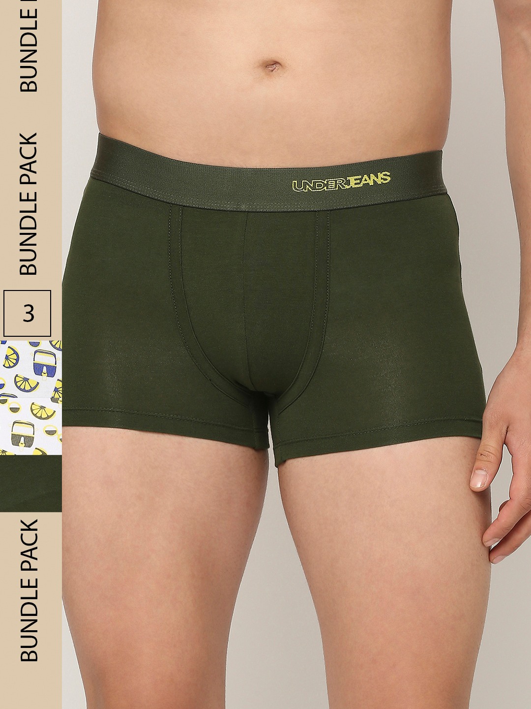 Underjeans by Spykar Premium Blue & Olive Cotton Blend Printed Trunk - Pack Of 3