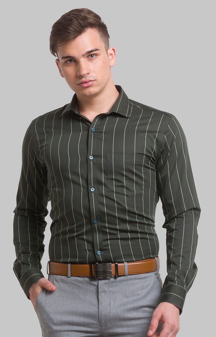 Park Avenue Green Stripe Slim Fit Formal Shirts For Men