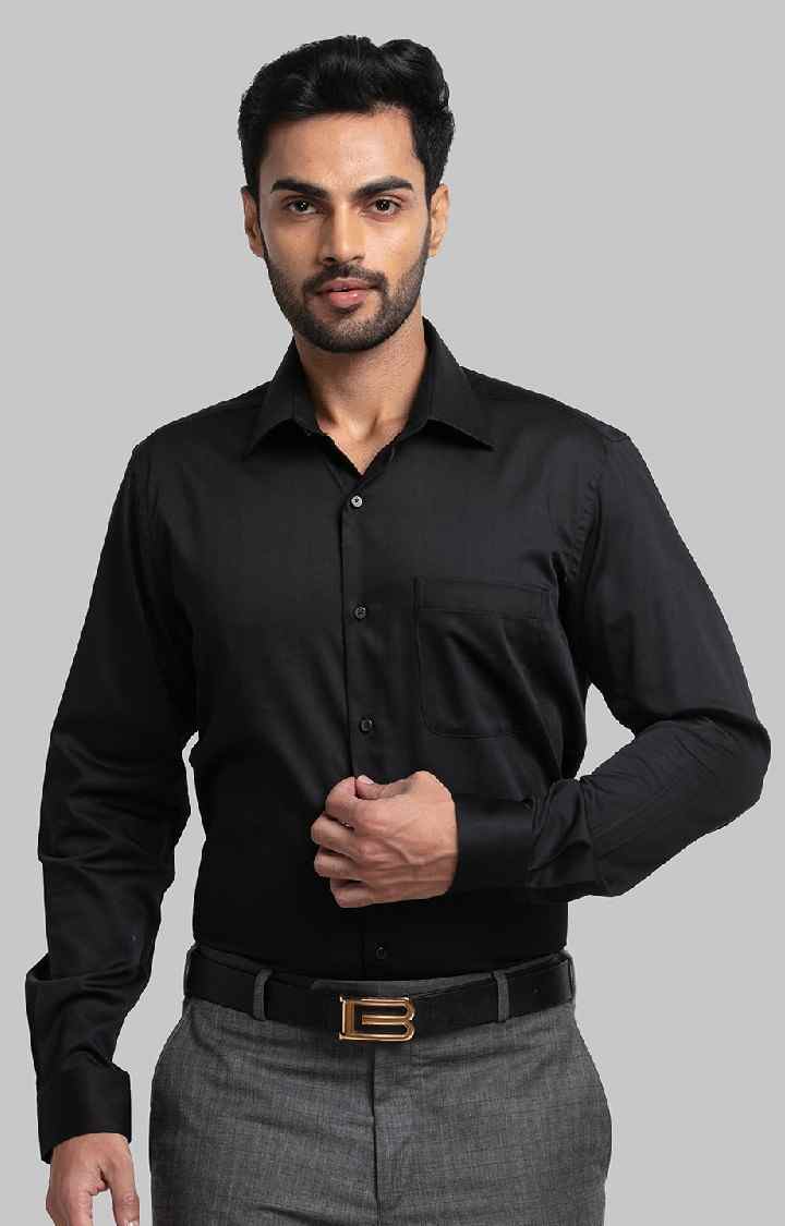 Raymond Black Solid Contemporary Fit Formal Shirts For Men
