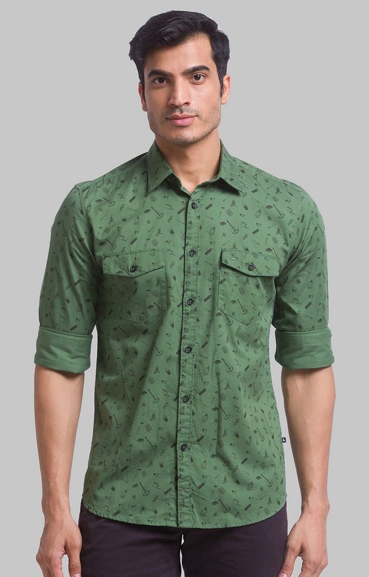 PARX Green Print Slim Fit Casual Shirts For Men