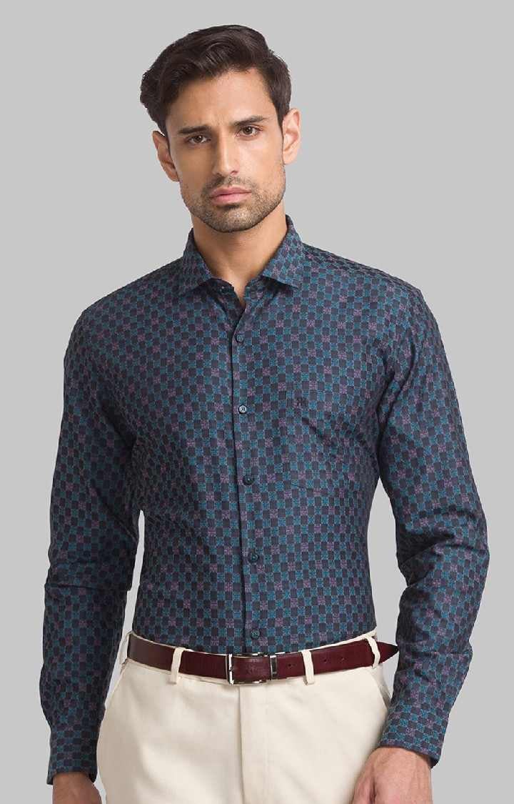 Raymond Blue Jacquard Contemporary Fit Casual Shirts For Men