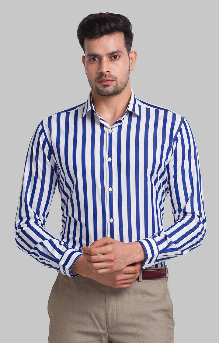Park Avenue Blue Stripe Slim Fit Casual Shirts For Men