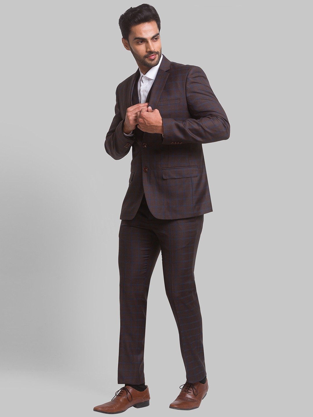 Park Avenue Men Brown Super Slim Fit Checks Polyester Blend Suit