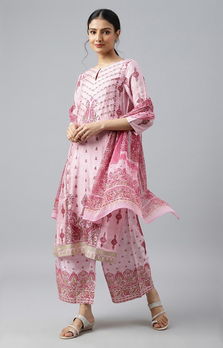 W Light Pink Chiffon Floral Print Dupatta