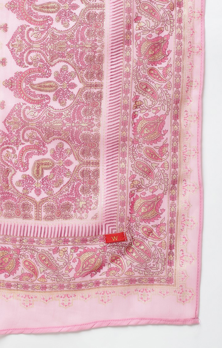 W Light Pink Chiffon Floral Print Dupatta