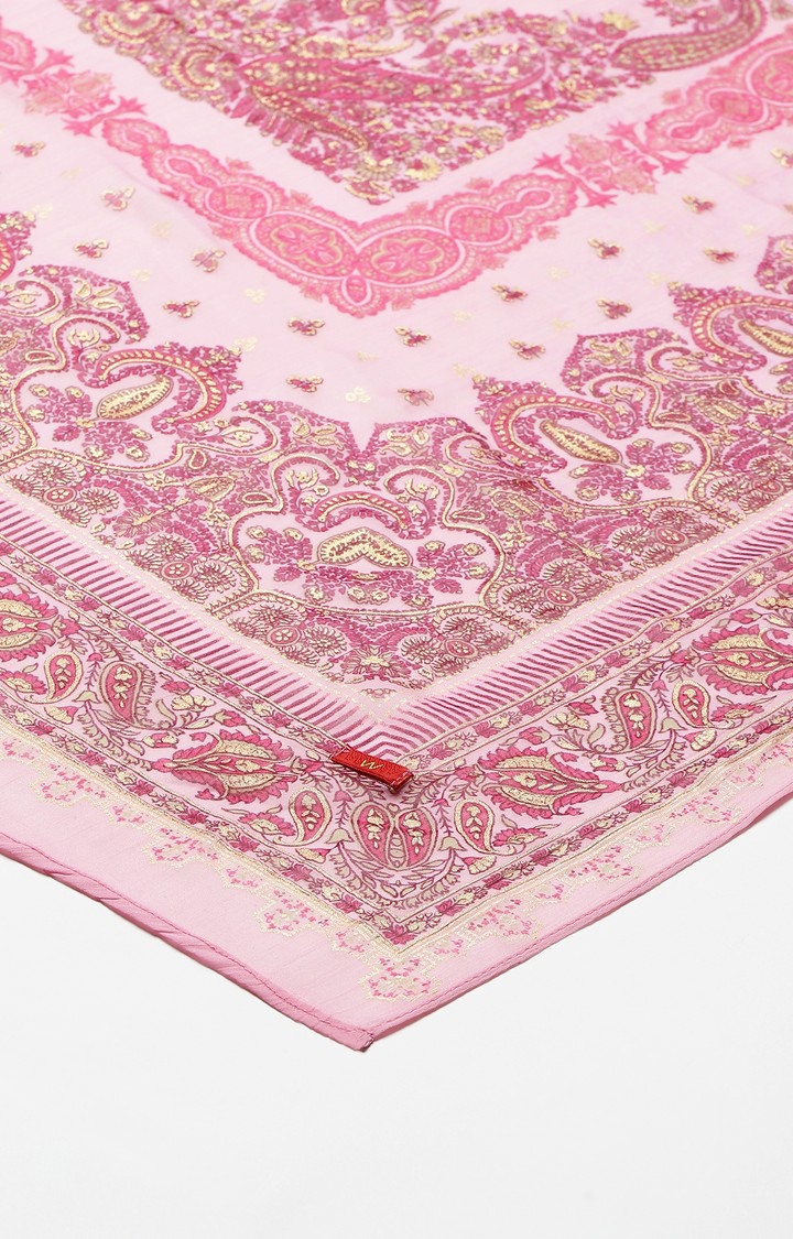 W Light Pink Chiffon Floral Print Dupatta