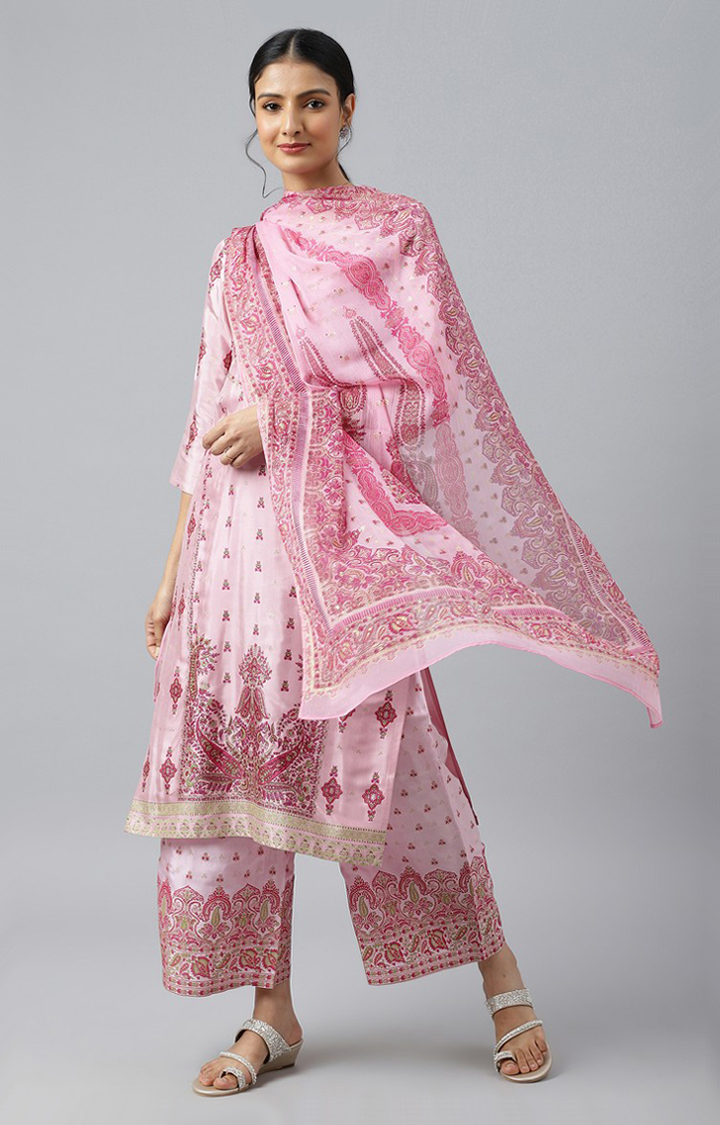 W Light Pink Chiffon Floral Print Dupatta