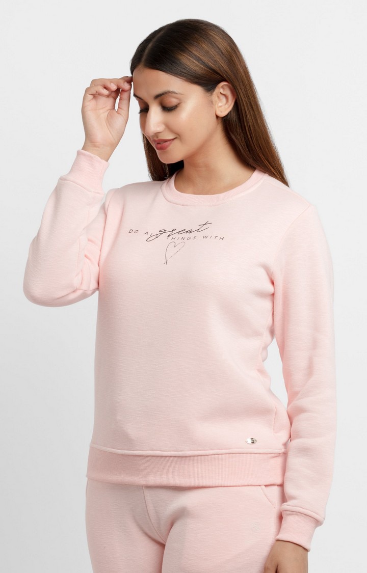 Women's Pink Polyester Typographic Sweatshirts