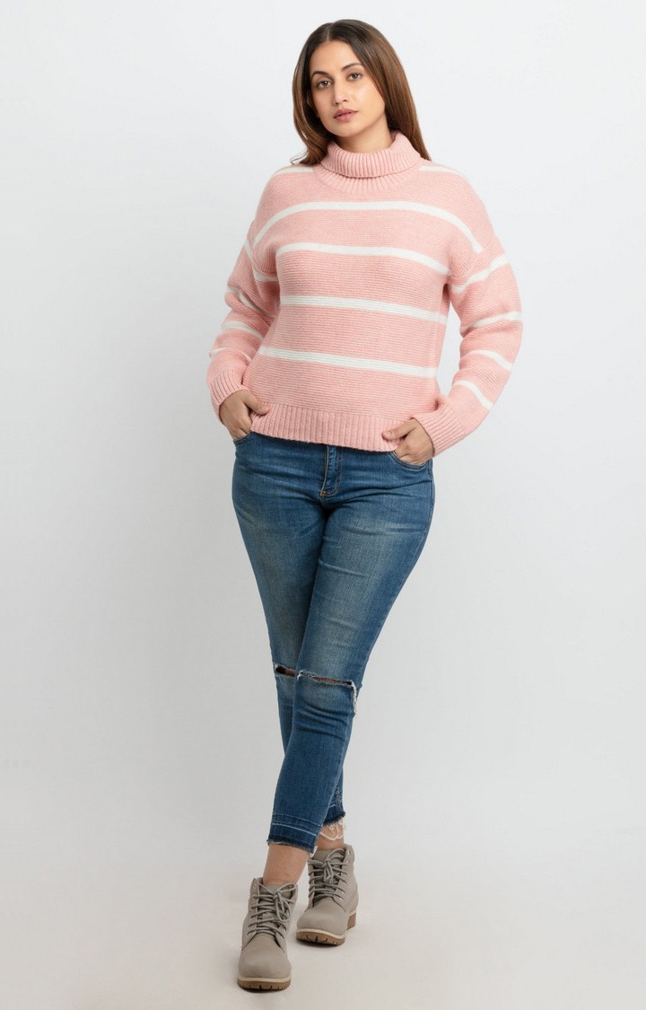 Women's Pink Acrylic Striped Sweaters