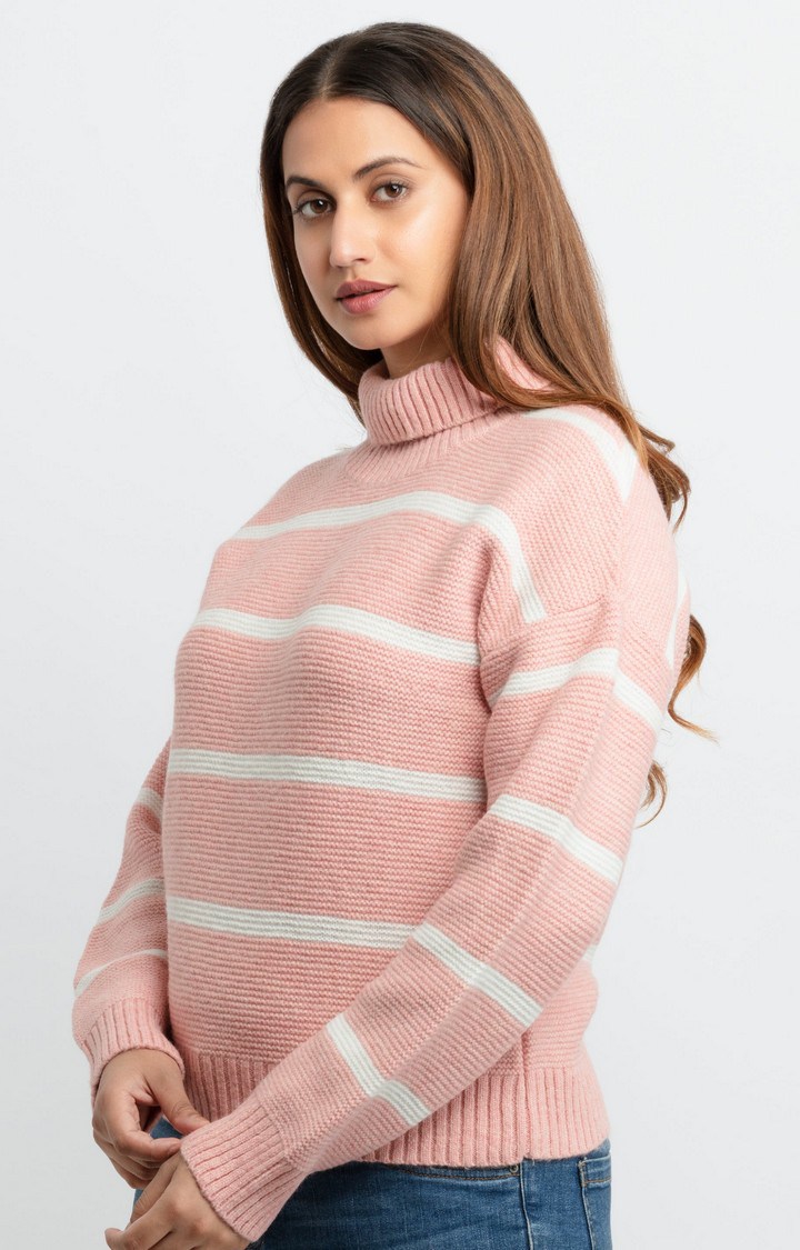 Women's Pink Acrylic Striped Sweaters