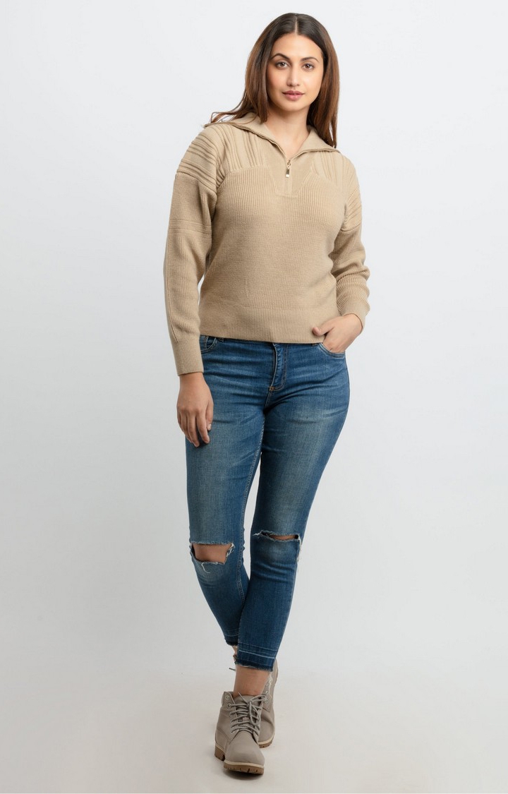 Status Quo | Women's Beige Acrylic Solid Sweaters 1