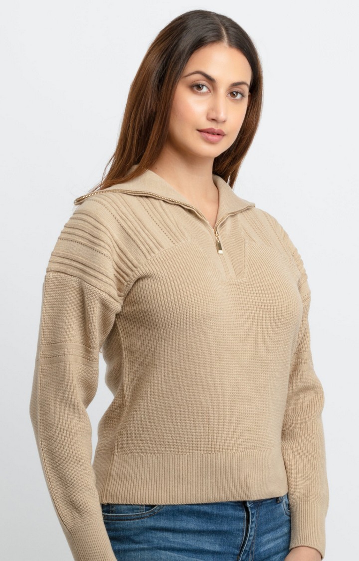 Status Quo | Women's Beige Acrylic Solid Sweaters 2
