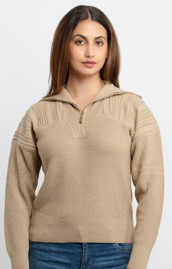 Status Quo | Women's Beige Acrylic Solid Sweaters 0