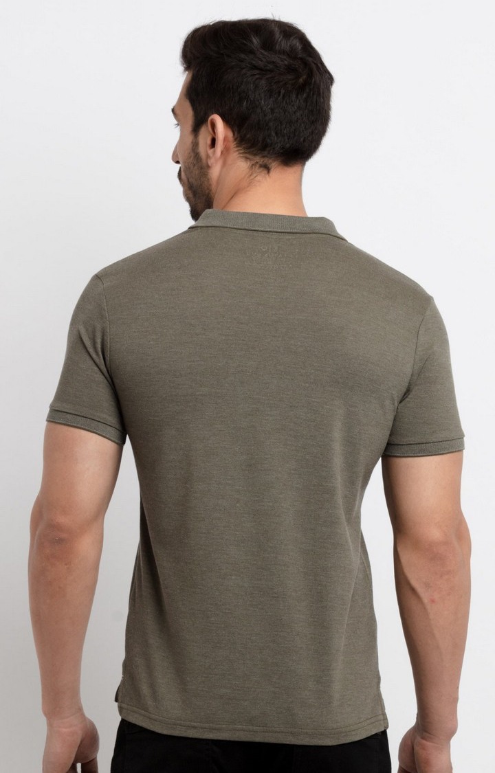 Men's Olive Green Cotton Melange Textured Polo T-Shirts