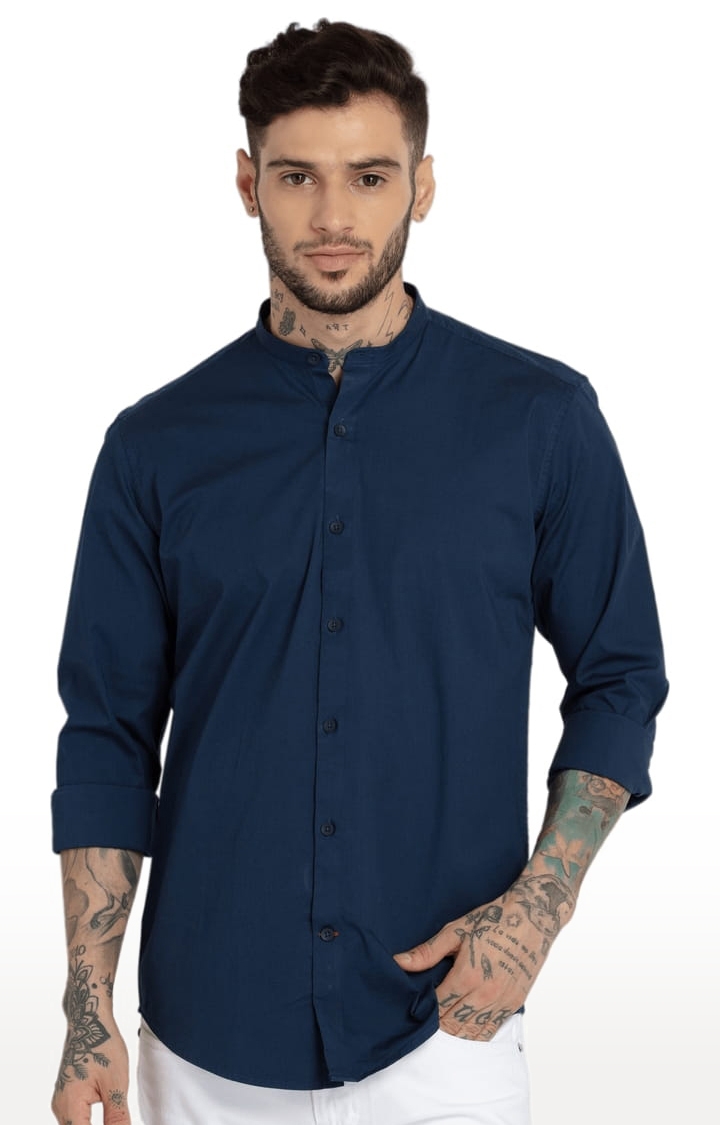 Status Quo | Men's Navy Cotton Solid Casual Shirts 0