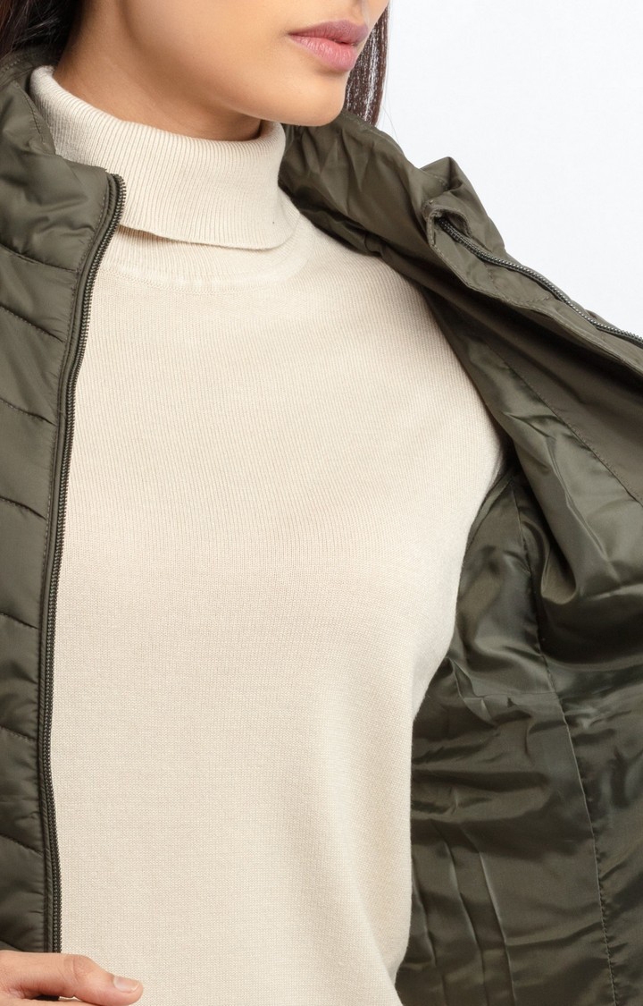 Status Quo | Women's Green Polyester Quilted Bomber Jackets 5