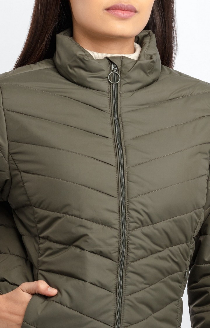 Status Quo | Women's Green Polyester Quilted Bomber Jackets 4