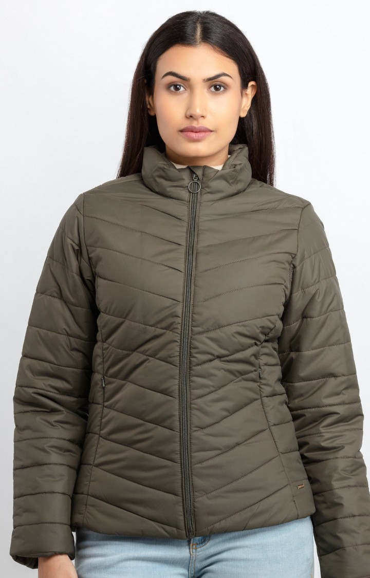 Status Quo | Women's Green Polyester Quilted Bomber Jackets 0
