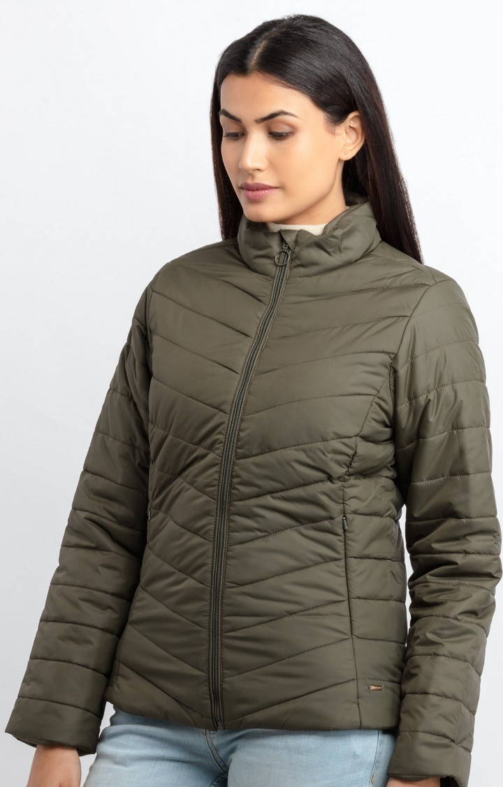 Status Quo | Women's Green Polyester Quilted Bomber Jackets 2