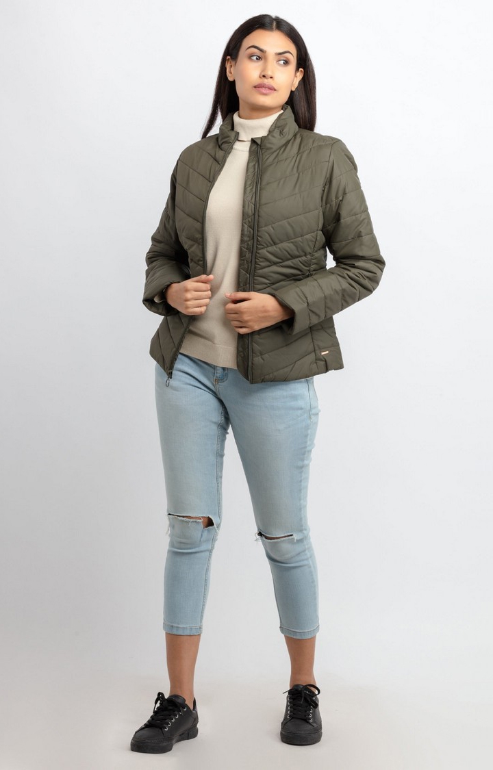 Status Quo | Women's Green Polyester Quilted Bomber Jackets 1