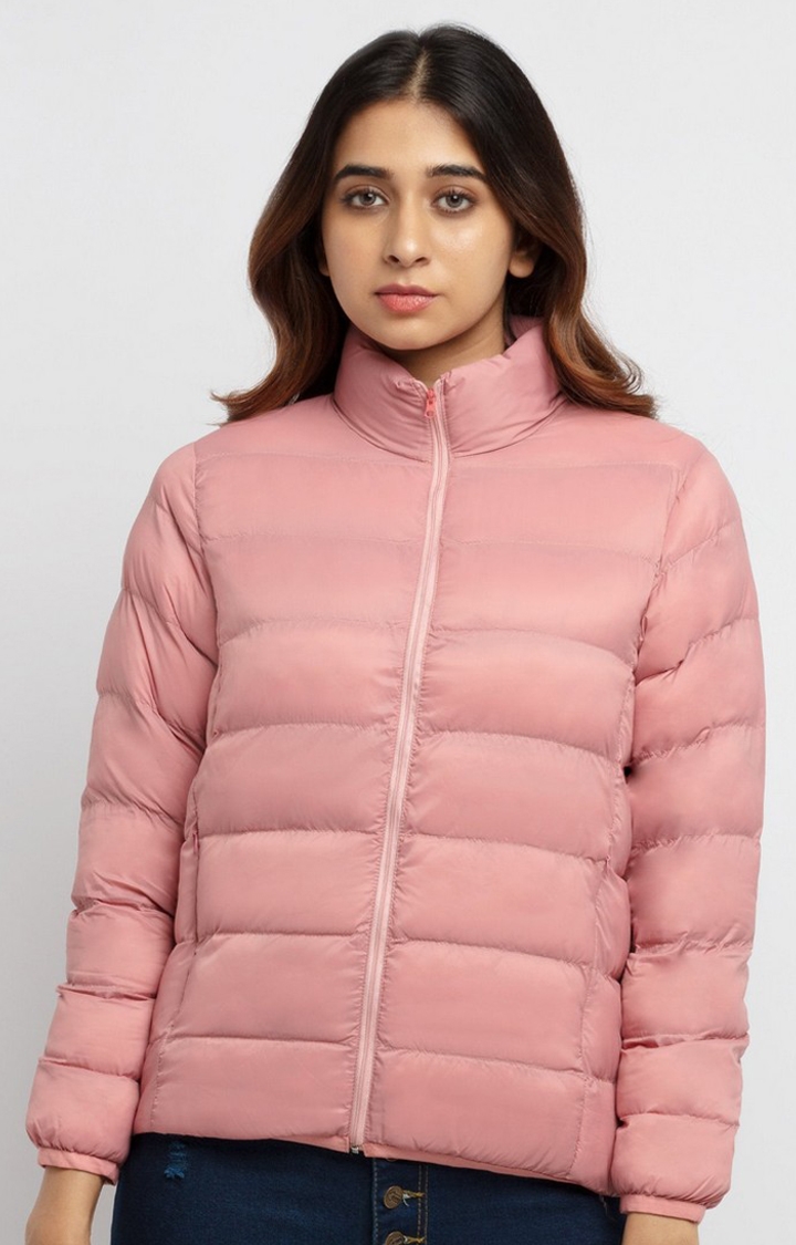 Status Quo | Women's Pink Nylon Quilted Bomber Jackets 0