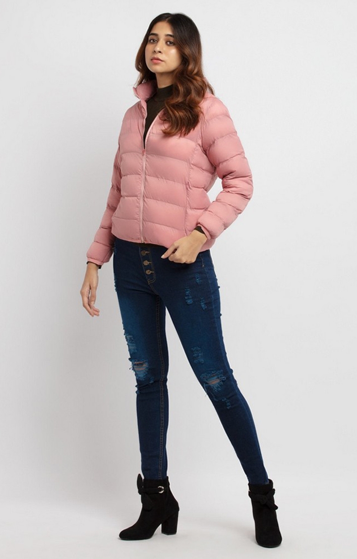 Status Quo | Women's Pink Nylon Quilted Bomber Jackets 1