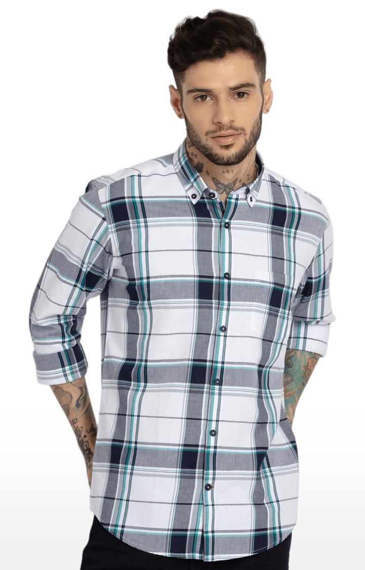 Men's White Cotton Checked Casual Shirts